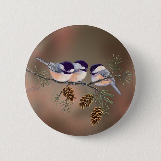 CHICKADEES & PINECONES by SHARON SHARPE 6 Cm Round Badge (Front)