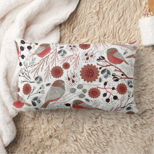 Chickadees Red Grey Pattern Lumbar Cushion