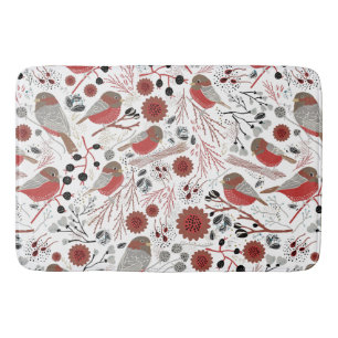 Chickadees Red Grey Pattern With Floral Bath Mat