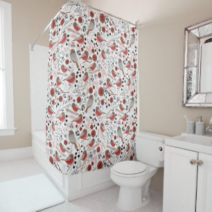 Chickadees Red Grey Pattern With Floral Shower Curtain