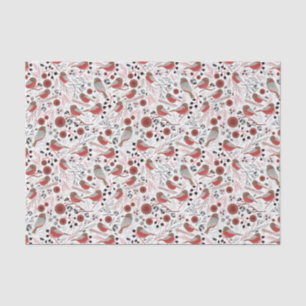 Chickadees Red Grey Pattern With Floral Tissue Paper