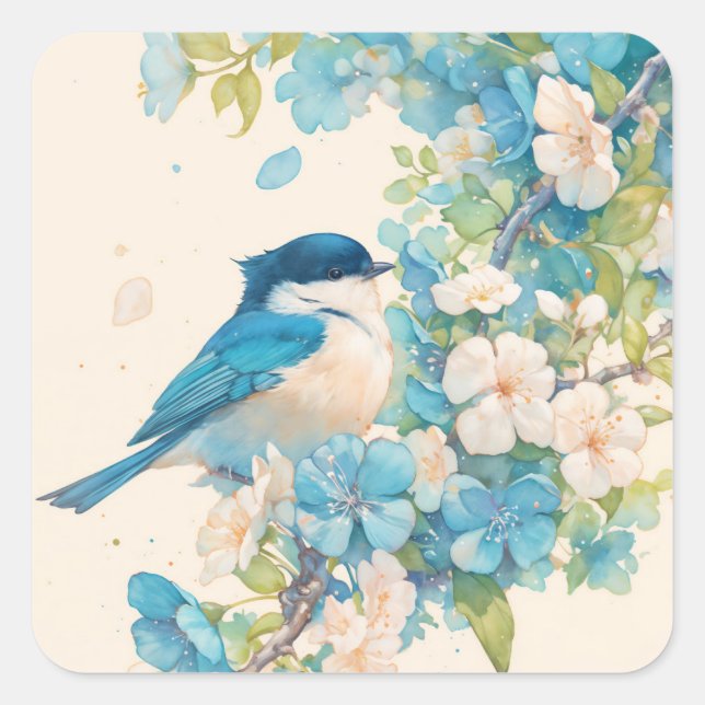 Chickadee's Serenade Among Blue Blossoms Square Sticker (Front)