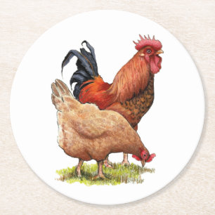 Chicken And Rooster Art, Poultry, Farm Animals Round Paper Coaster