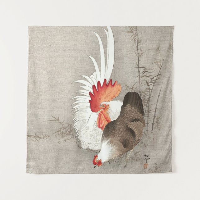 Chicken and Rooster by Ohara Koson Tapestry (Front)