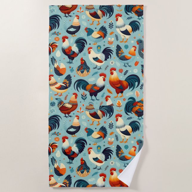 Chicken and Rooster Design Beach Towel (Front)