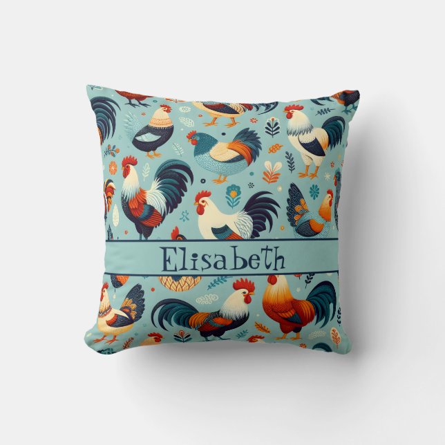 Chicken and Rooster Design Personalise Cushion (Front)