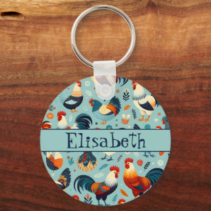 Chicken and Rooster Design Personalise Key Ring