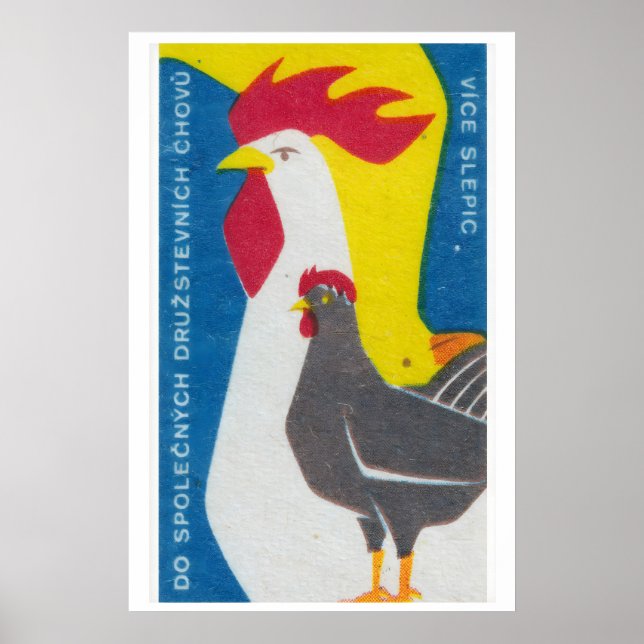 Chicken and Rooster - Matchbox Print - Czech Wall (Front)