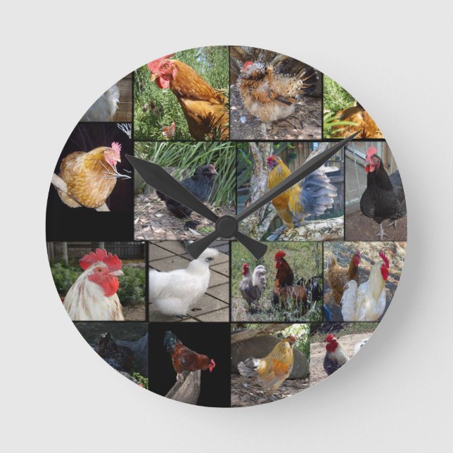 Chicken,And Rooster Photo Collage, Round Clock (Front)