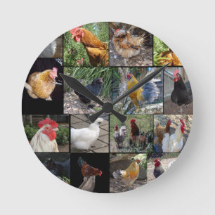 Chicken,And Rooster Photo Collage, Round Clock