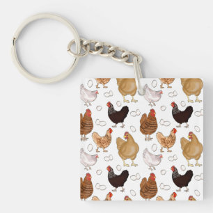 Chicken and the Eggs Pattern on White Key Ring