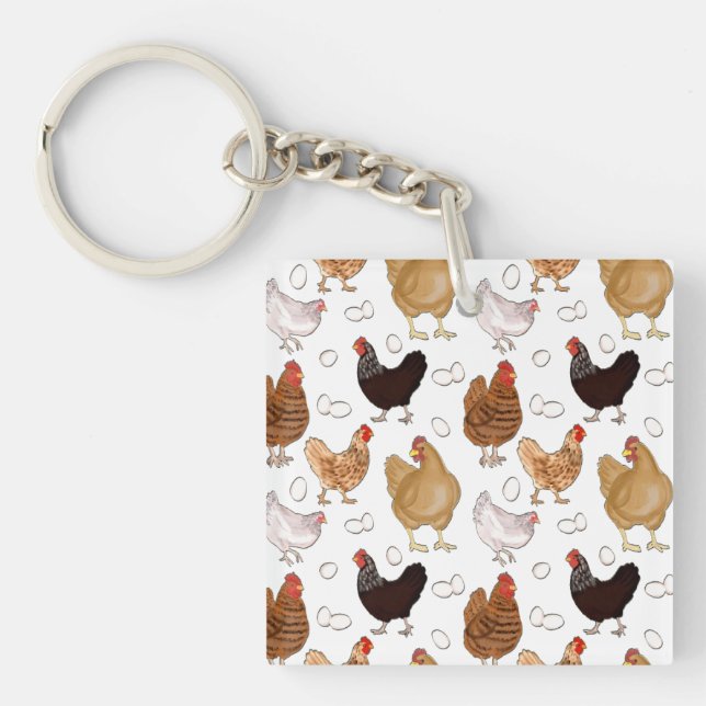 Chicken and the Eggs Pattern on White Key Ring (Front)