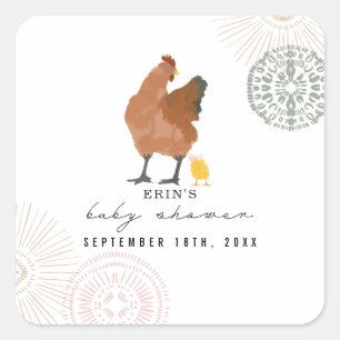 Chicken Baby Shower Pink Bow Square Sticker