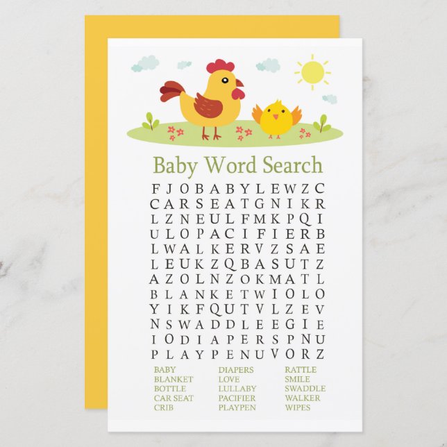 Chicken Baby Shower Word Search Game (Front/Back)