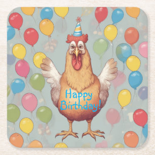 Chicken Birthday Party Square Paper Coaster