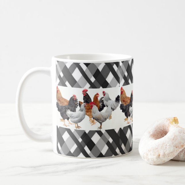Chicken Black White Plaid Mug (With Donut)