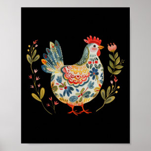 Chicken Boho Flower Folk Art Floral Farmer Chicken Poster