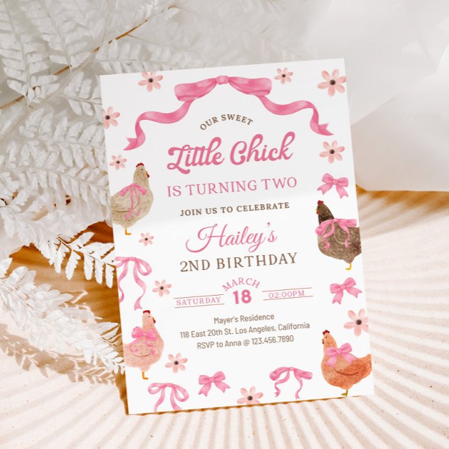Chicken & Bow Birthday Invitation (Cute chicken with bow floral birthday invitation for a sweet farm themed girl party. 🐔🎀🌸)
