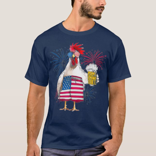 Chicken Cheer Beer American Flag Fireworks T-Shirt (Front)