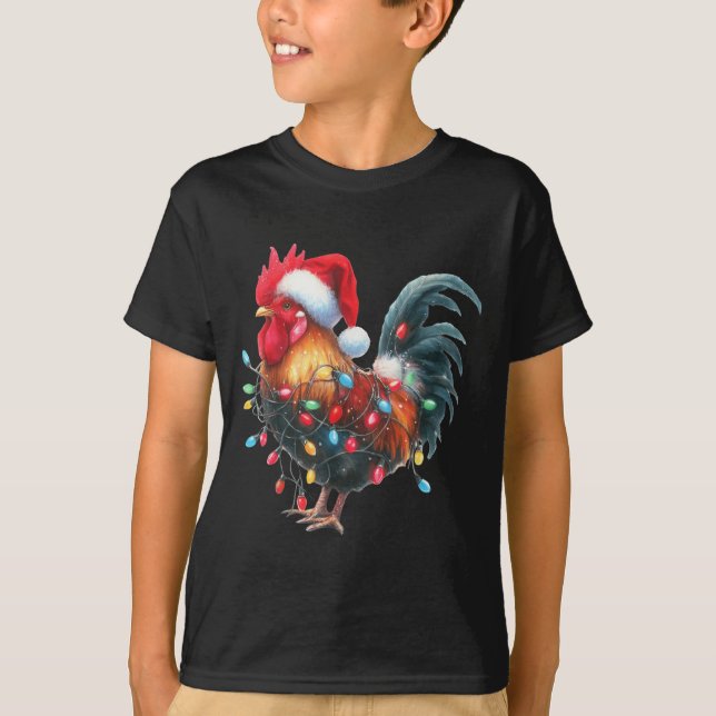 Chicken Christmas Lights Funny Santa Hat Merry Xma T-Shirt (Front)