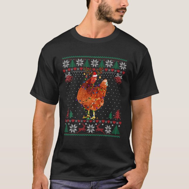 Chicken Christmas Lights Reindeer Santa Hat Ugly S T-Shirt (Front)