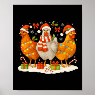 Chicken Christmas Lights Santa Hats Reindeer Funny Poster