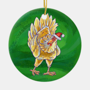 Chicken Christmas On Green Ceramic Ornament