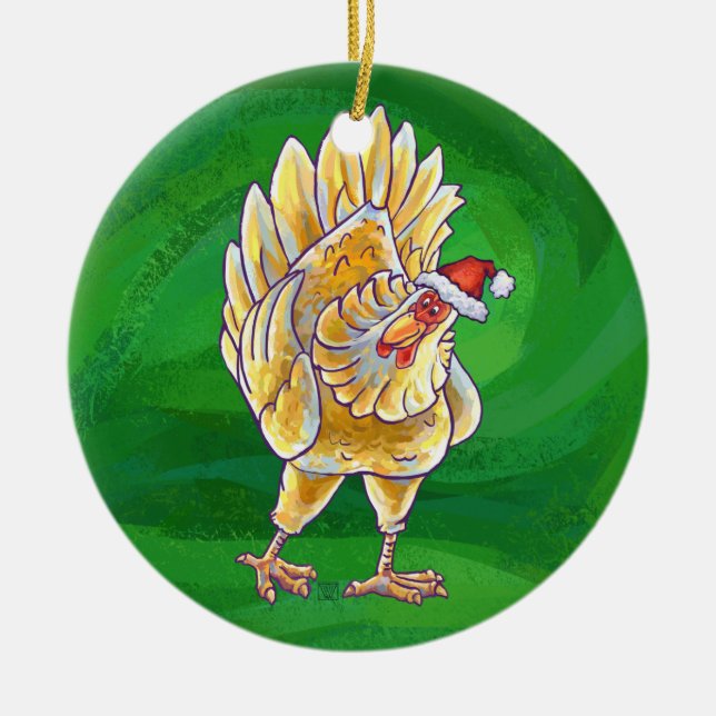 Chicken Christmas On Green Ceramic Ornament (Front)