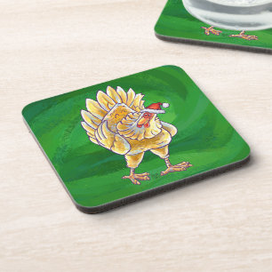 Chicken Christmas On Green Coaster
