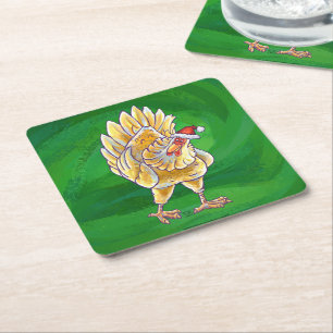 Chicken Christmas On Green Square Paper Coaster