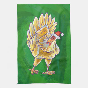 Chicken Christmas On Green Tea Towel
