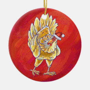 Chicken Christmas On Red Ceramic Tree Decoration