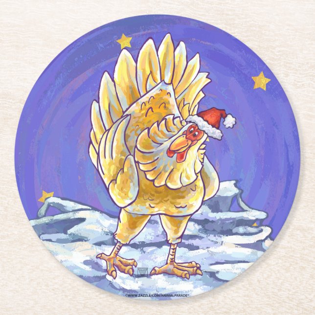 Chicken Christmas Round Paper Coaster (Front)