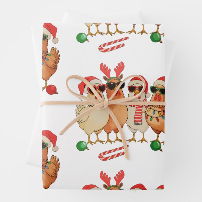 Chicken Christmas Santa Hat Farm Family Xmas Wrapping Paper Sheet (In situ)