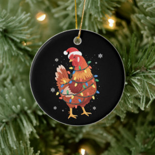 Chicken Christmas Tree Lights Farm Animal Santa  Ceramic Ornament