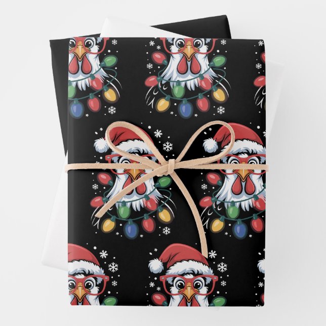 Chicken Christmas Tree Lights Farm Animal Santa  Wrapping Paper Sheet (In situ)