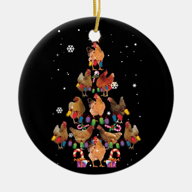 Chicken Christmas Tree Lights Funny Chicken Xmas Ceramic Ornament (Front)