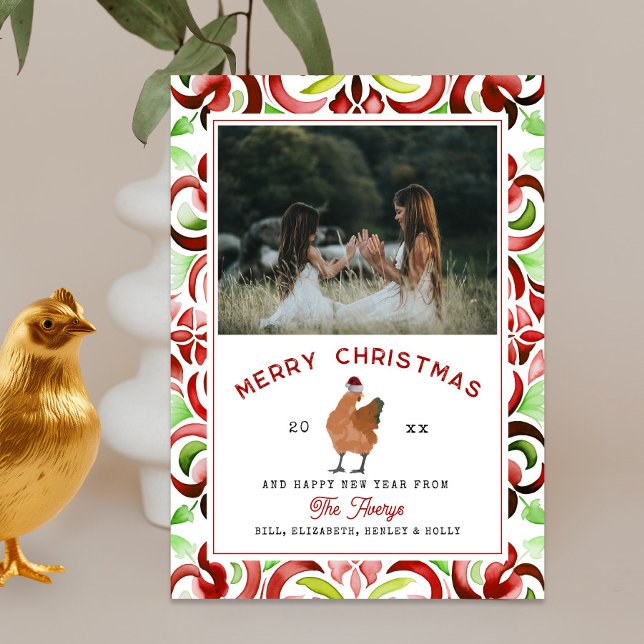 Chicken Christmas Watercolor Photo Holiday Card (Creator Uploaded)