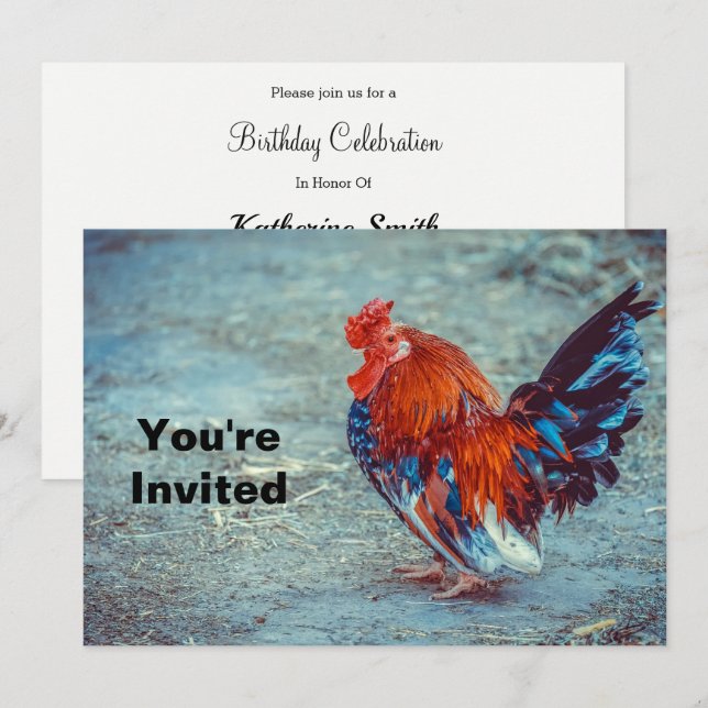 Chicken Colourful Rooster Photo Birthday Invitation (Front/Back)