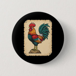 Chicken, Colourful Rooster Standing Tall 6 Cm Round Badge
