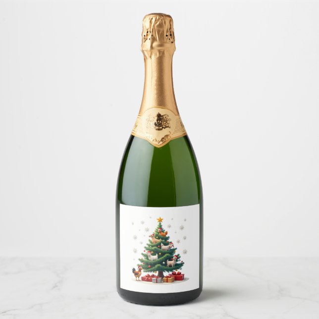 Chicken Cow Goat Horse Farm Animal Farmer Christma Sparkling Wine Label (Front)