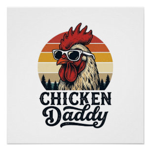 Chicken Daddy Rooster Vintage Sunset Vector Design Poster