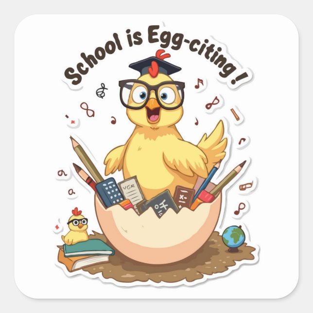 Chicken 'Egg-citing School' Motivational Square Sticker (Front)
