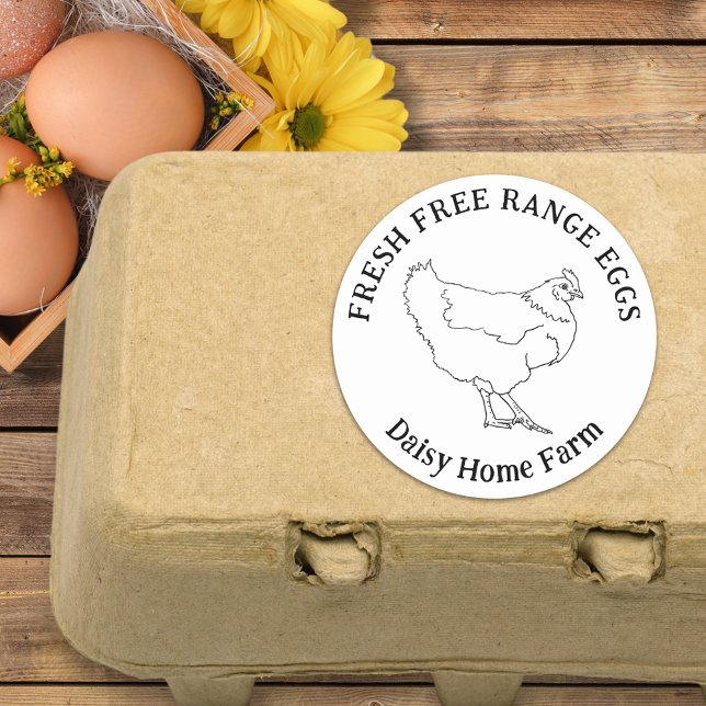 Chicken Eggs Simple Hand Drawn Personalised Classic Round Sticker (Chicken egg box custom labels simple black and white hen illustration with fresh free range eggs )