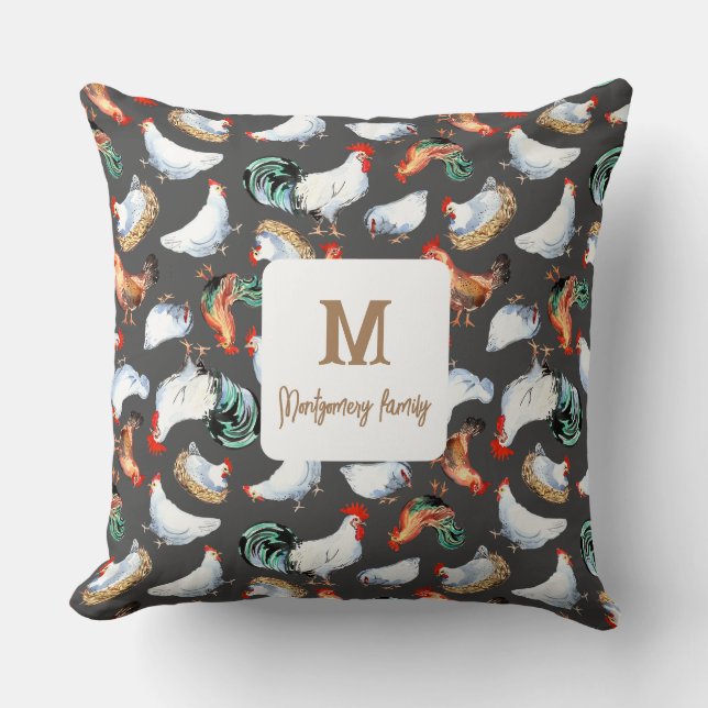 Chicken Family Farmhouse Monogram Cushion (Front)