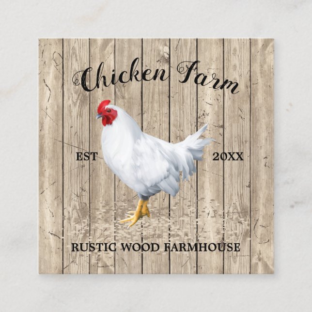 Chicken Farmhouse Wooden Rustic Square Business Card (Front)