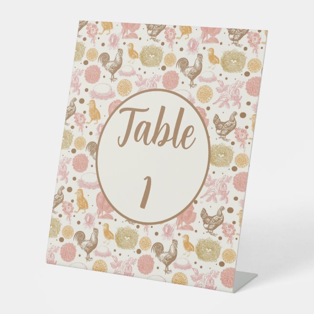 Chicken & Floral Baby Shower Table Number  Pedestal Sign (Front)