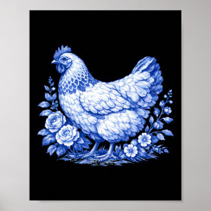 Chicken Floral Blue Toile De Jouy Cute Chicken Far Poster