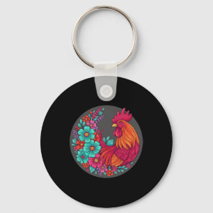 Chicken Floral Rooster Circle, Bold Rnyard Bloom Key Ring