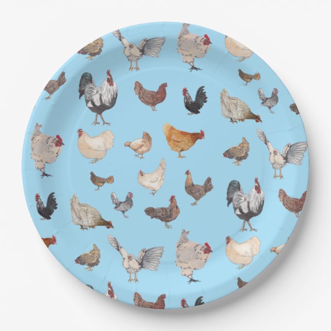 Chicken Happy pattern on Blue Paper Plate (Front)